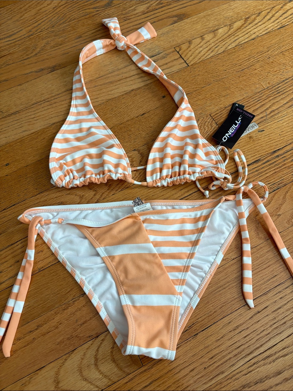 O'Neill Peach & White Striped Halter Triangle Bikini